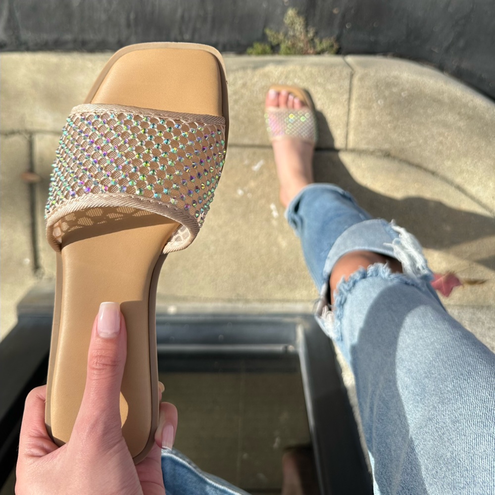 Natural Gem-Encrusted Mesh Slide Sandals